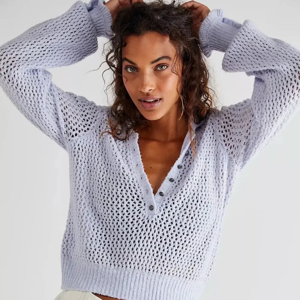 NEW Free People Open Knit Snowdrift Periwinkle Ice Collared Pullover Sweater Med